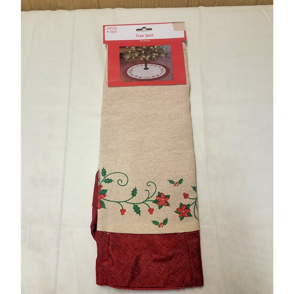 Holiday Style Christmas Tree Skirt Poinsettias 40" Brown Red Trim Burlap Style